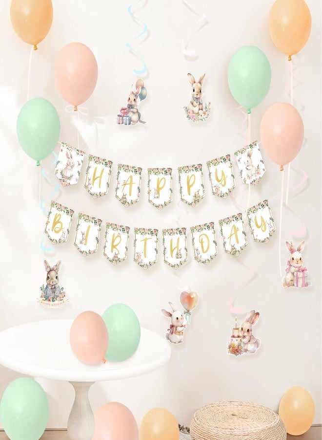 UNIIDECO Bunny Birthday Decorations Kit, 36PCS Easter Bunny Party Supplies with Happy Birthday Banner, Hanging Swirls Ceiling Decoration and Balloons for Girls Baby Shower Rabbit Themed Party - Image 3
